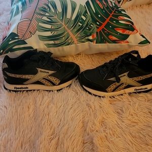 Girls black reebox with silver and light pink animal print on stripe